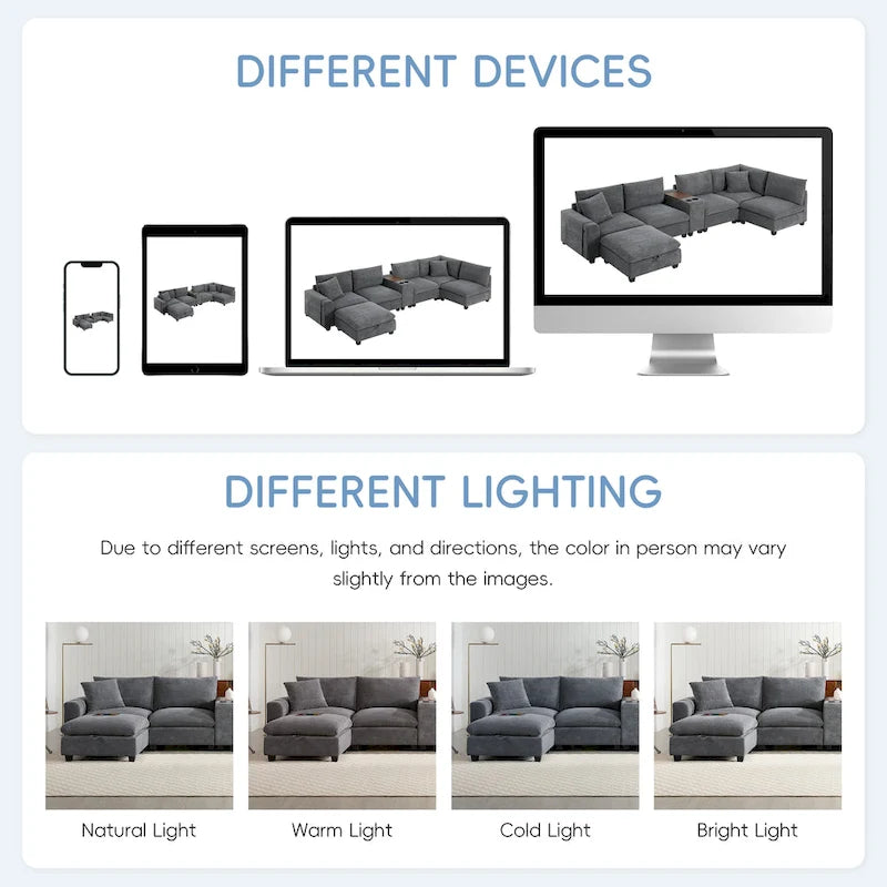U Shaped Chenille Sofa w/Ottoman,Console,Cup Holder,Wide Seat,USB