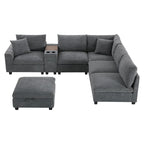 U Shaped Chenille Sofa w/Ottoman,Console,Cup Holder,Wide Seat,USB
