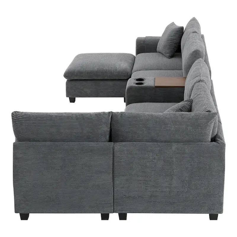 U Shaped Chenille Sofa w/Ottoman,Console,Cup Holder,Wide Seat,USB