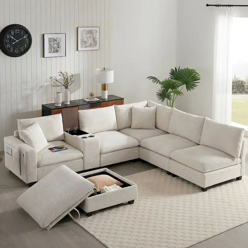 U Shaped Chenille Sofa w/Ottoman,Console,Cup Holder,Wide Seat,USB