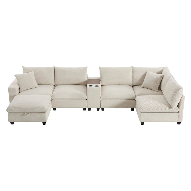 U Shaped Chenille Sofa w/Ottoman,Console,Cup Holder,Wide Seat,USB