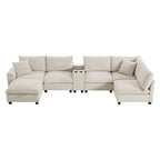 U Shaped Chenille Sofa w/Ottoman,Console,Cup Holder,Wide Seat,USB