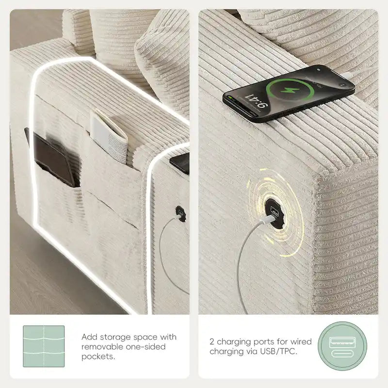 U Shaped Chenille Sofa w/Ottoman,Console,Cup Holder,Wide Seat,USB