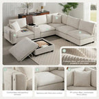 U Shaped Chenille Sofa w/Ottoman,Console,Cup Holder,Wide Seat,USB