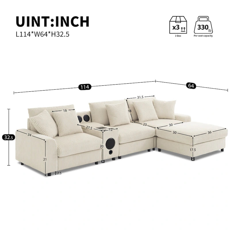 Corduroy Sectional Sofa w/ Bluetooth Speakers, L Shaped Couch