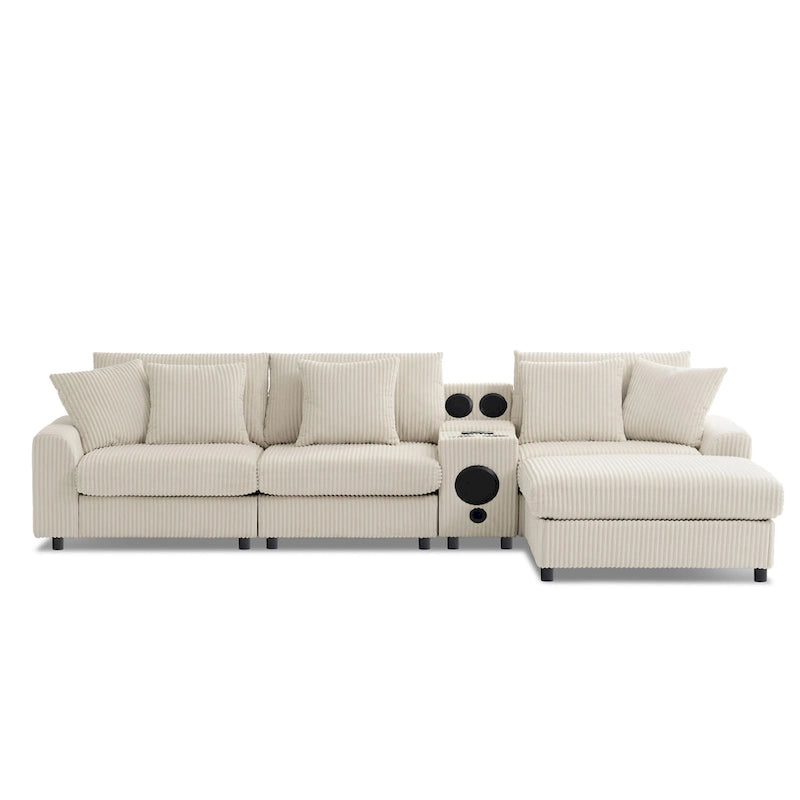 Corduroy Sectional Sofa w/ Bluetooth Speakers, L Shaped Couch