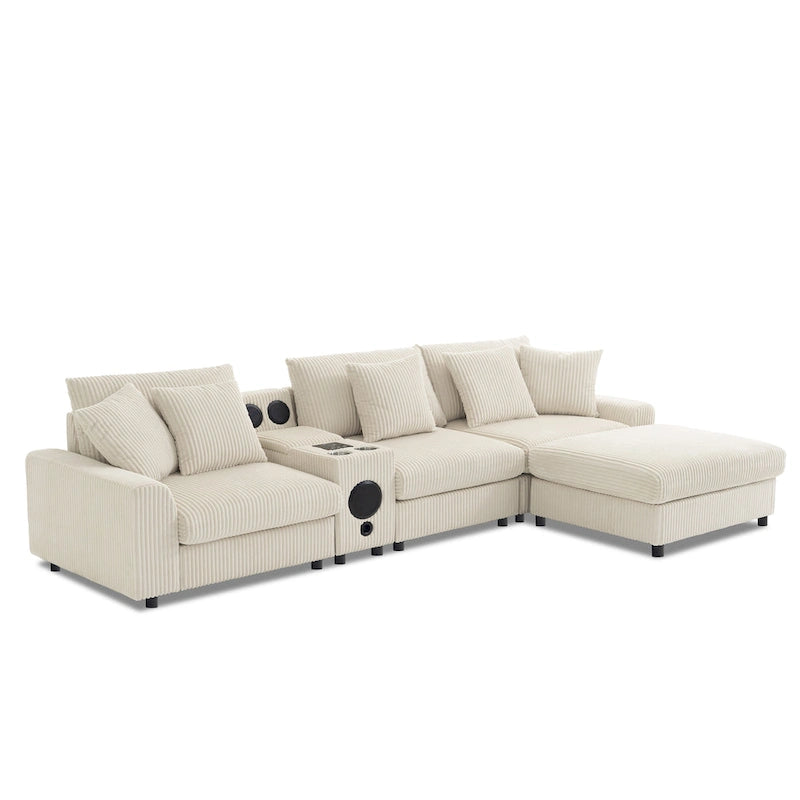Corduroy Sectional Sofa w/ Bluetooth Speakers, L Shaped Couch
