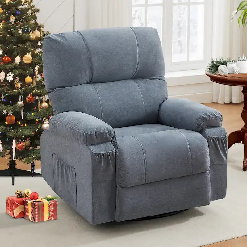 360 Swivel Manual Recliner Single Sofa Chair Fabric Lounge Chair with Pull Out Footrest and Side Pockets