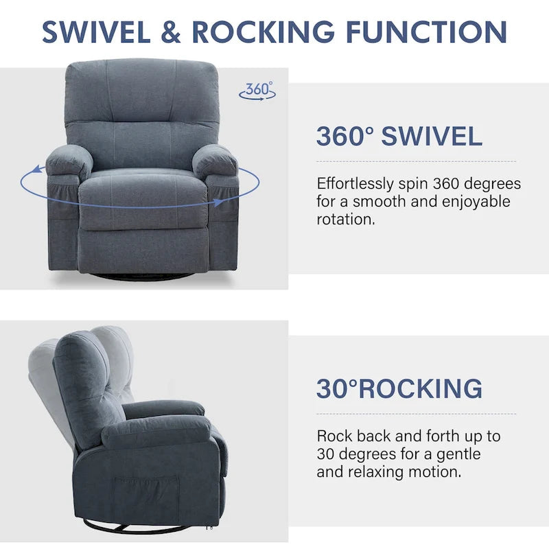 360 Swivel Manual Recliner Single Sofa Chair Fabric Lounge Chair with Pull Out Footrest and Side Pockets