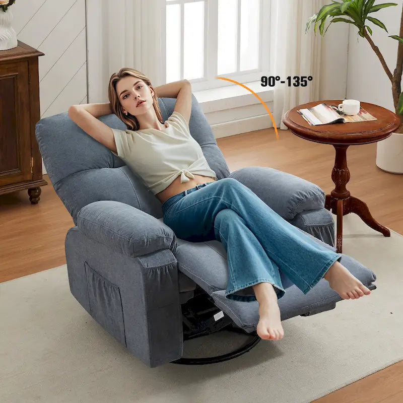 360 Swivel Manual Recliner Single Sofa Chair Fabric Lounge Chair with Pull Out Footrest and Side Pockets
