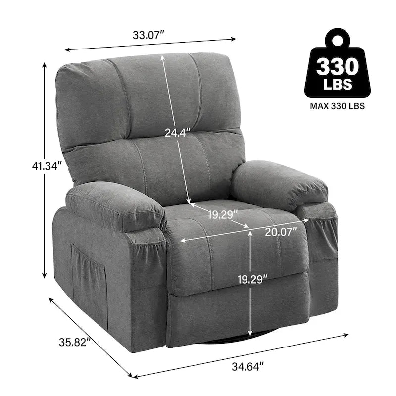 360 Swivel Manual Recliner Single Sofa Chair Fabric Lounge Chair with Pull Out Footrest and Side Pockets