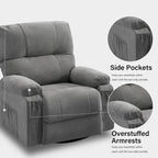 360 Swivel Manual Recliner Single Sofa Chair Fabric Lounge Chair with Pull Out Footrest and Side Pockets