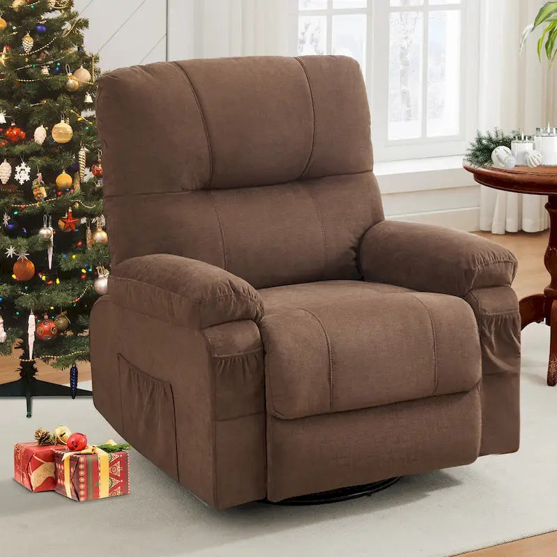 360 Swivel Manual Recliner Single Sofa Chair Fabric Lounge Chair with Pull Out Footrest and Side Pockets
