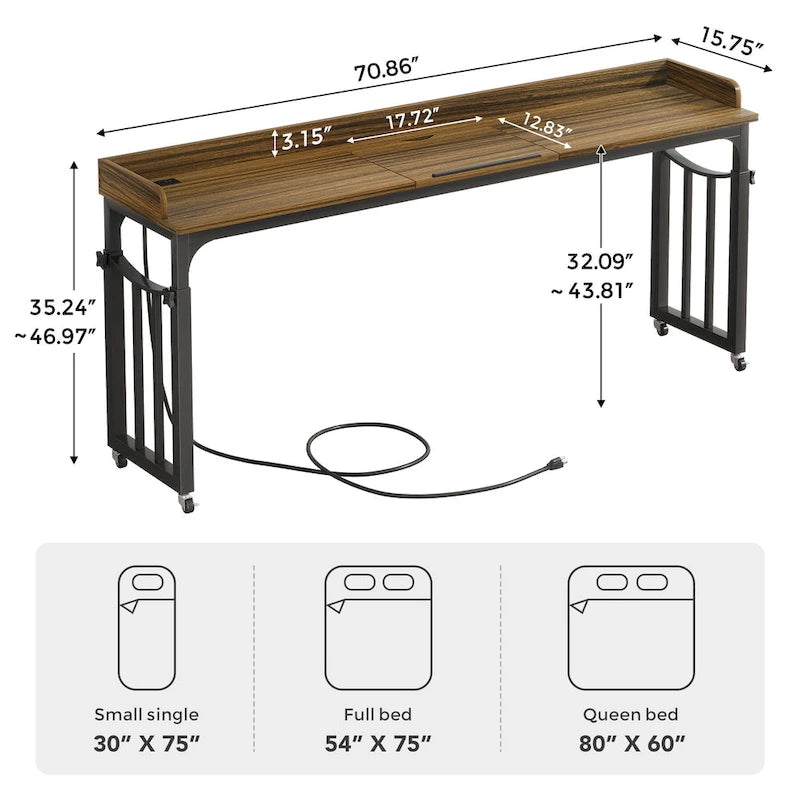 71 inch Overbed Table with Height Adjustable & Power Outlet, Queen Size Bed Table