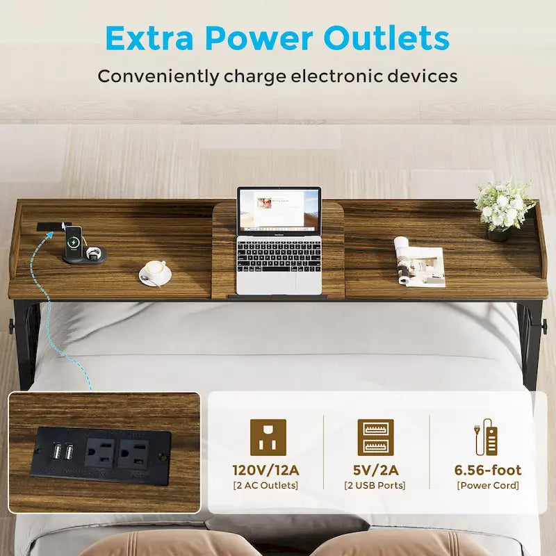 71 inch Overbed Table with Height Adjustable & Power Outlet, Queen Size Bed Table