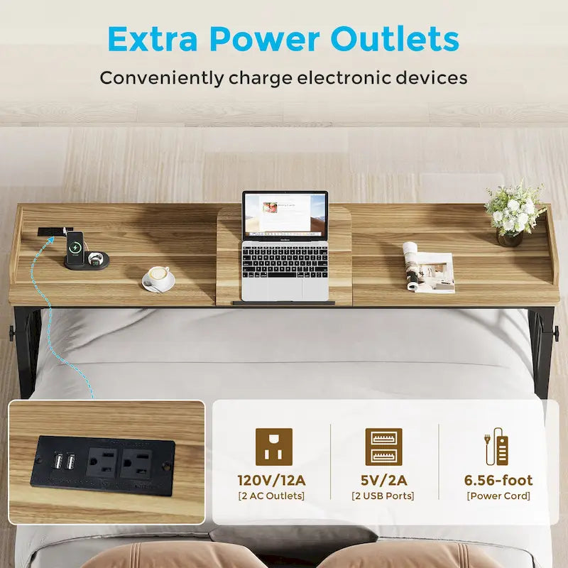 71 inch Overbed Table with Height Adjustable & Power Outlet, Queen Size Bed Table