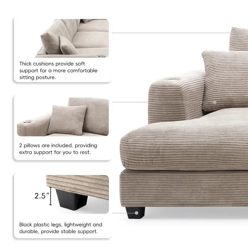 Oversized Corduroy Sectional Sofa,L Shaped Deep Seating Cloud Couch
