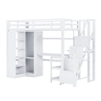 White Loft Bed w/Desk, Wardrobe & Stepped Stairs, Metal Loft Bed Storage Bed Frame w/ USB Ports & 5-Layer Shelf for Adults, Kids