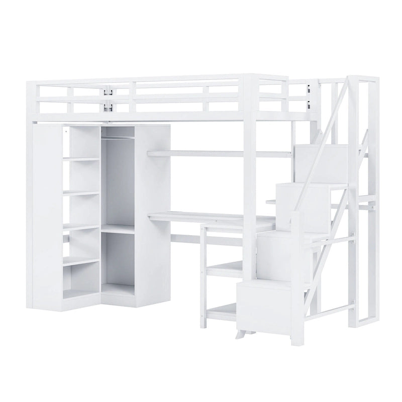 White Loft Bed w/Desk, Wardrobe & Stepped Stairs, Metal Loft Bed Storage Bed Frame w/ USB Ports & 5-Layer Shelf for Adults, Kids
