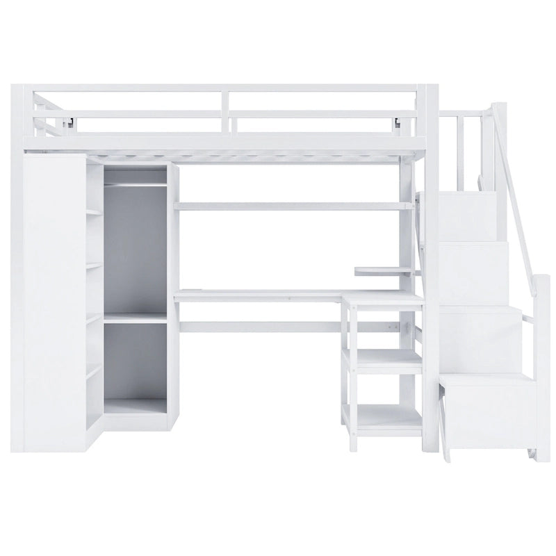 White Loft Bed w/Desk, Wardrobe & Stepped Stairs, Metal Loft Bed Storage Bed Frame w/ USB Ports & 5-Layer Shelf for Adults, Kids
