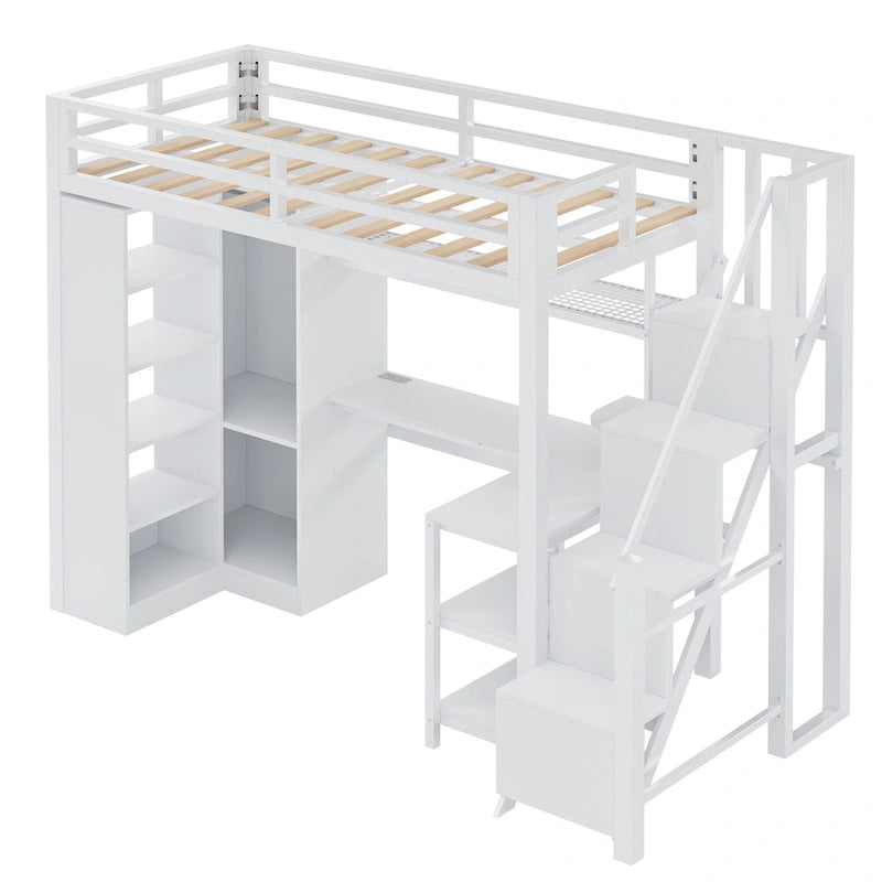 White Loft Bed w/Desk, Wardrobe & Stepped Stairs, Metal Loft Bed Storage Bed Frame w/ USB Ports & 5-Layer Shelf for Adults, Kids