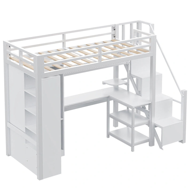 White Loft Bed w/Desk, Wardrobe & Stepped Stairs, Metal Loft Bed Storage Bed Frame w/ USB Ports & 5-Layer Shelf for Adults, Kids