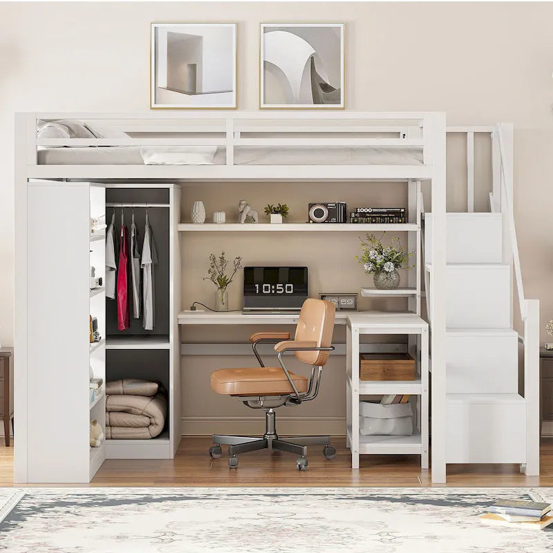 White Loft Bed w/Desk, Wardrobe & Stepped Stairs, Metal Loft Bed Storage Bed Frame w/ USB Ports & 5-Layer Shelf for Adults, Kids