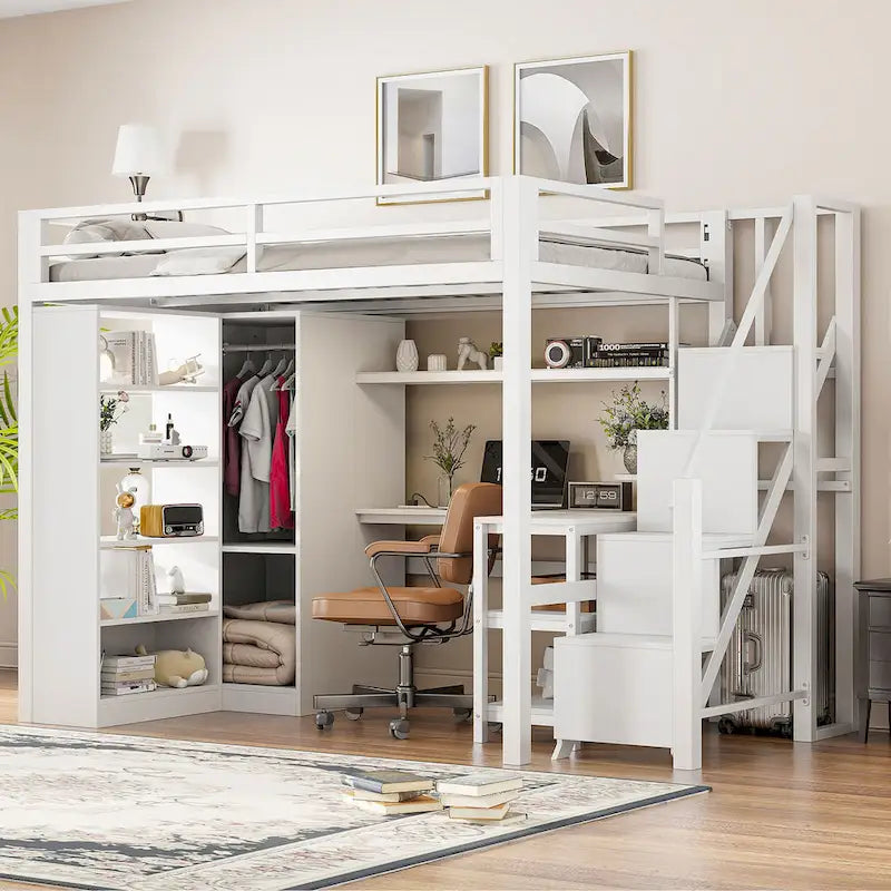 White Loft Bed w/Desk, Wardrobe & Stepped Stairs, Metal Loft Bed Storage Bed Frame w/ USB Ports & 5-Layer Shelf for Adults, Kids