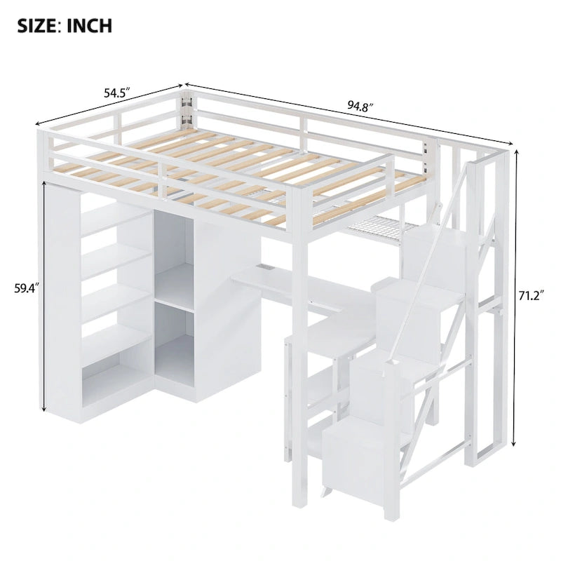 White Loft Bed w/Desk, Wardrobe & Stepped Stairs, Metal Loft Bed Storage Bed Frame w/ USB Ports & 5-Layer Shelf for Adults, Kids