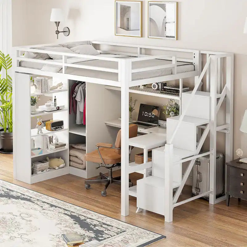 White Loft Bed w/Desk, Wardrobe & Stepped Stairs, Metal Loft Bed Storage Bed Frame w/ USB Ports & 5-Layer Shelf for Adults, Kids