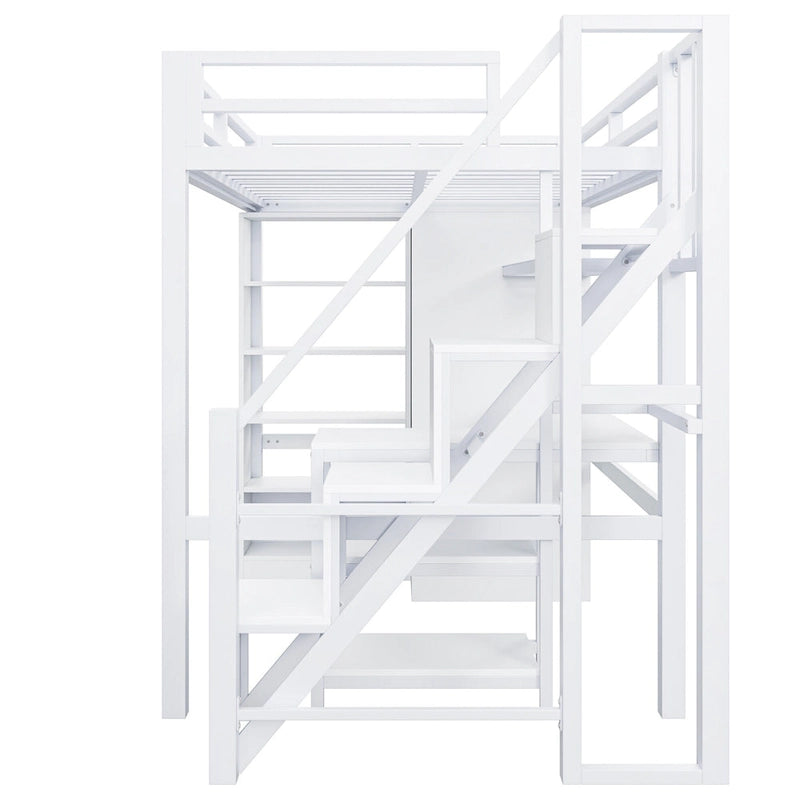 White Loft Bed w/Desk, Wardrobe & Stepped Stairs, Metal Loft Bed Storage Bed Frame w/ USB Ports & 5-Layer Shelf for Adults, Kids