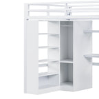 White Loft Bed w/Desk, Wardrobe & Stepped Stairs, Metal Loft Bed Storage Bed Frame w/ USB Ports & 5-Layer Shelf for Adults, Kids