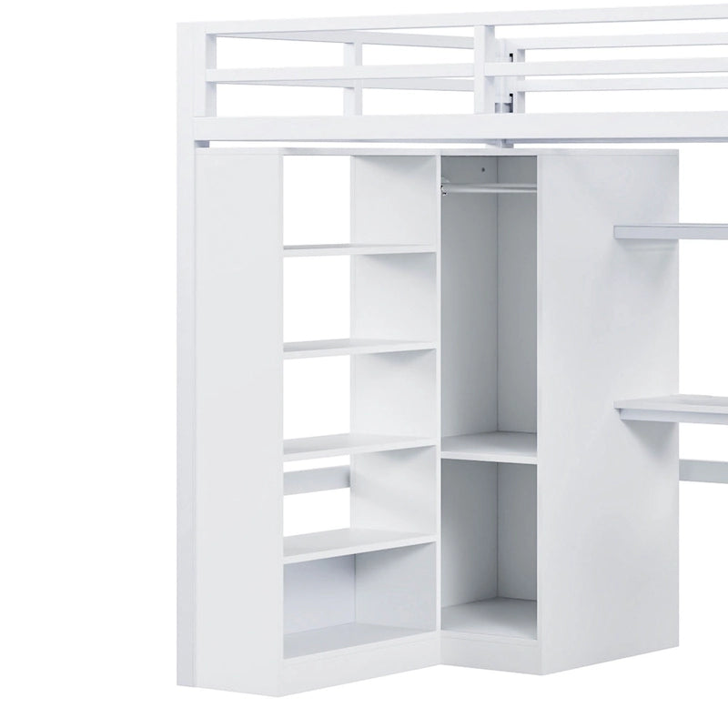 White Loft Bed w/Desk, Wardrobe & Stepped Stairs, Metal Loft Bed Storage Bed Frame w/ USB Ports & 5-Layer Shelf for Adults, Kids