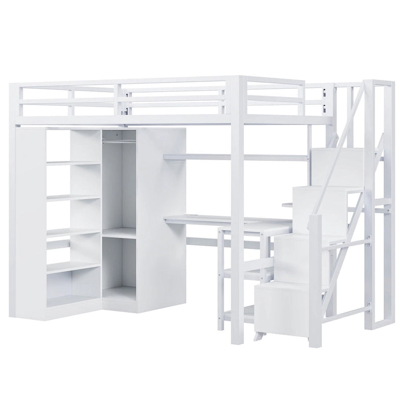 White Loft Bed w/Desk, Wardrobe & Stepped Stairs, Metal Loft Bed Storage Bed Frame w/ USB Ports & 5-Layer Shelf for Adults, Kids