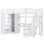 White Loft Bed w/Desk, Wardrobe & Stepped Stairs, Metal Loft Bed Storage Bed Frame w/ USB Ports & 5-Layer Shelf for Adults, Kids
