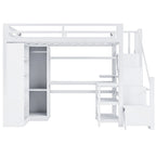 White Loft Bed w/Desk, Wardrobe & Stepped Stairs, Metal Loft Bed Storage Bed Frame w/ USB Ports & 5-Layer Shelf for Adults, Kids