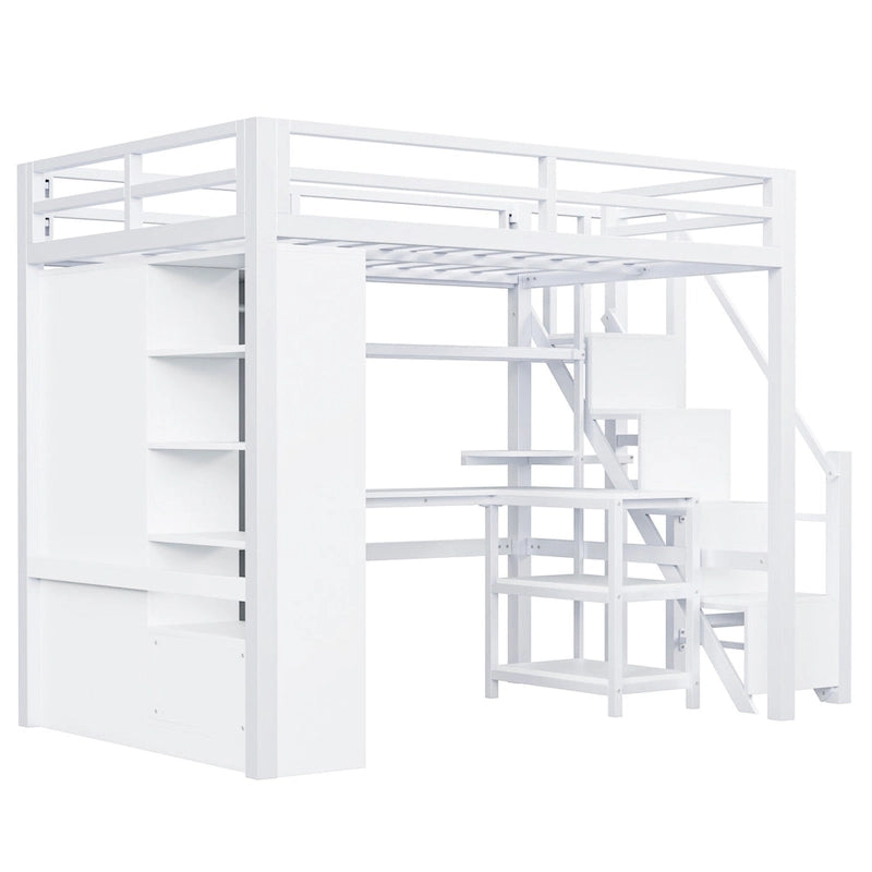White Loft Bed w/Desk, Wardrobe & Stepped Stairs, Metal Loft Bed Storage Bed Frame w/ USB Ports & 5-Layer Shelf for Adults, Kids