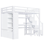 White Loft Bed w/Desk, Wardrobe & Stepped Stairs, Metal Loft Bed Storage Bed Frame w/ USB Ports & 5-Layer Shelf for Adults, Kids