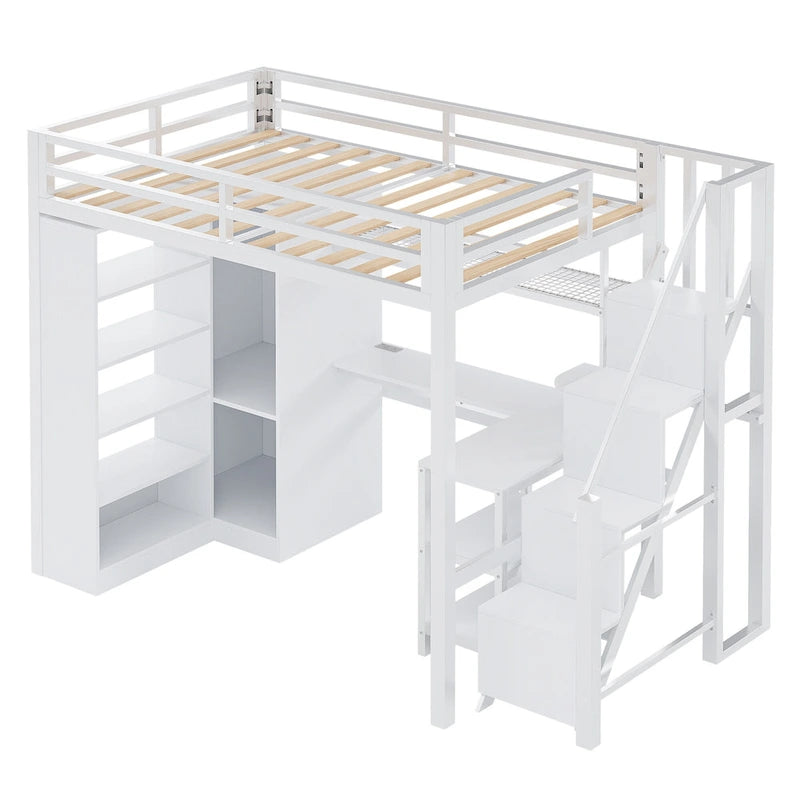 White Loft Bed w/Desk, Wardrobe & Stepped Stairs, Metal Loft Bed Storage Bed Frame w/ USB Ports & 5-Layer Shelf for Adults, Kids