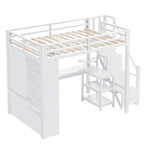 White Loft Bed w/Desk, Wardrobe & Stepped Stairs, Metal Loft Bed Storage Bed Frame w/ USB Ports & 5-Layer Shelf for Adults, Kids