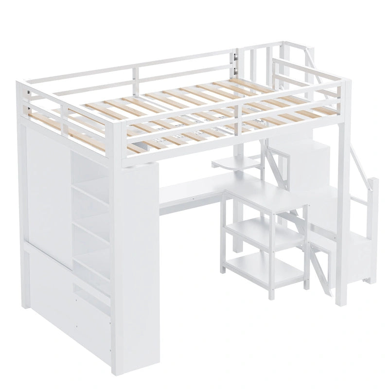 White Loft Bed w/Desk, Wardrobe & Stepped Stairs, Metal Loft Bed Storage Bed Frame w/ USB Ports & 5-Layer Shelf for Adults, Kids