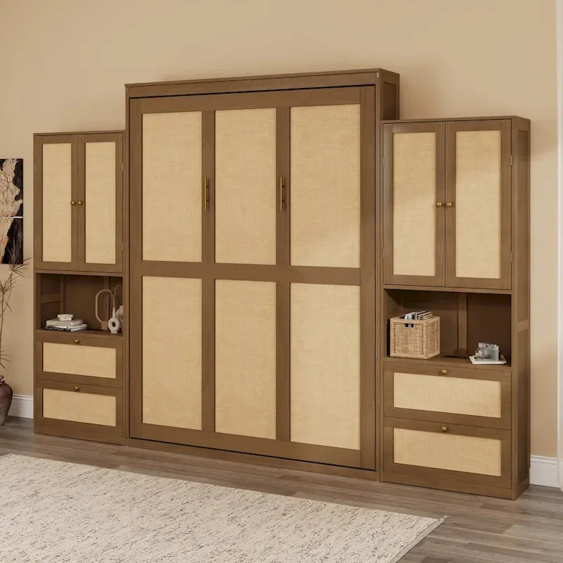 Full Size Solid Wood With Rattan Murphy Bed Cabinet Space-Saving Bed with 2 Side Cabinet Storage Shelves