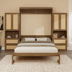Full Size Solid Wood With Rattan Murphy Bed Cabinet Space-Saving Bed with 2 Side Cabinet Storage Shelves
