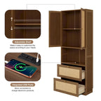 Full Size Solid Wood With Rattan Murphy Bed Cabinet Space-Saving Bed with 2 Side Cabinet Storage Shelves