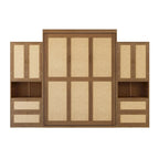 Full Size Solid Wood With Rattan Murphy Bed Cabinet Space-Saving Bed with 2 Side Cabinet Storage Shelves