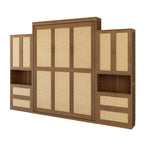 Full Size Solid Wood With Rattan Murphy Bed Cabinet Space-Saving Bed with 2 Side Cabinet Storage Shelves