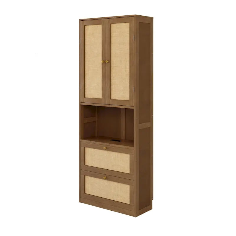 Full Size Solid Wood With Rattan Murphy Bed Cabinet Space-Saving Bed with 2 Side Cabinet Storage Shelves