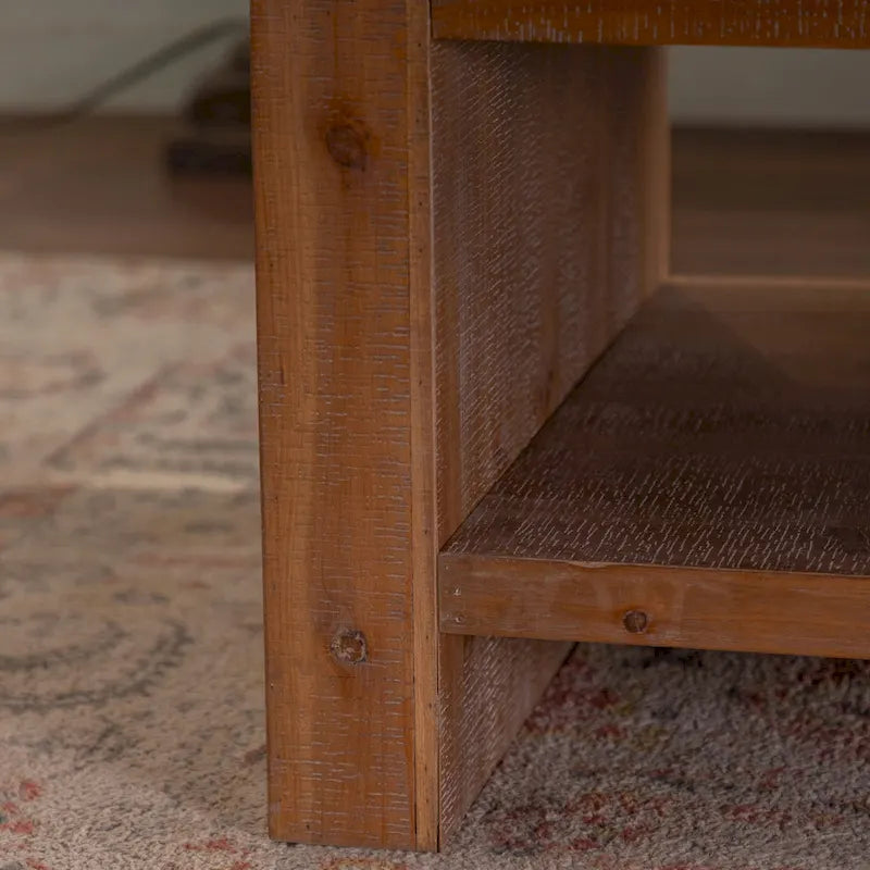 Rectangle Coffee Table with Solid Wood for Living Room, Large 2-Tier Rustic Coffee Table with Storage Shelf