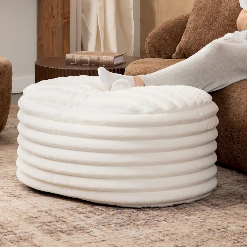 Large Plush Faux Fur Ribbed Pouf Ottoman - 35 - Cream