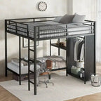 King over Twin XL Size Bunk Bed Frame with Built-in Wardrobe, Metal Bunk Bed with Foldable Desk and, Black